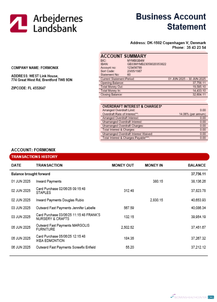 Download Arbejdernes Landsbank enterprise account statement Word and PDF template Photoshop template